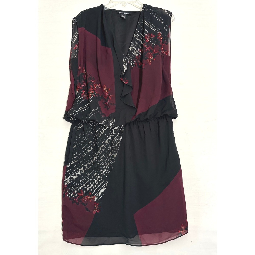 Kenneth Cole NY Sleeveless Chiffon Floral Colorblock Dress‎ Burgundy Black M